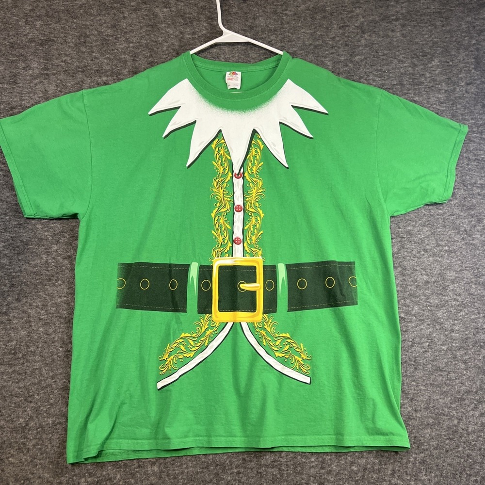 Elf Christmas Costume T-Shirt Green Crew Neck 100% Cotton‎ Tee 2XL